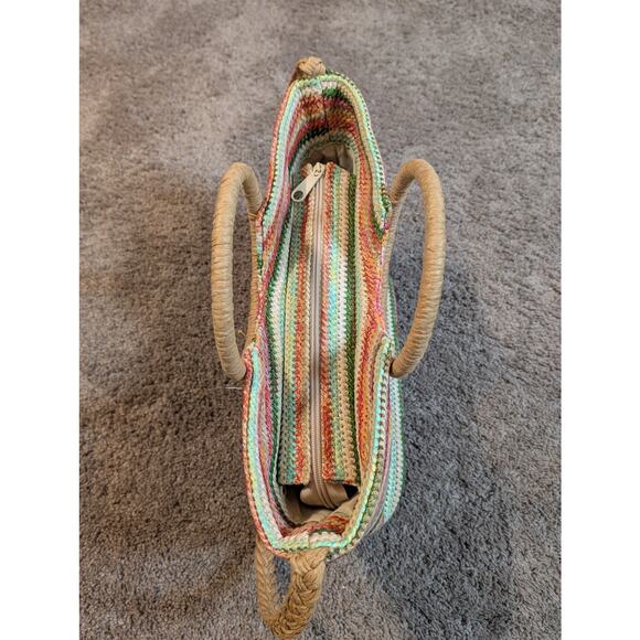 T. Cappelli Woven Straworld Rainbow Boho Straw Tote Bag Circular Handle Tassel - Picture 6 of 8